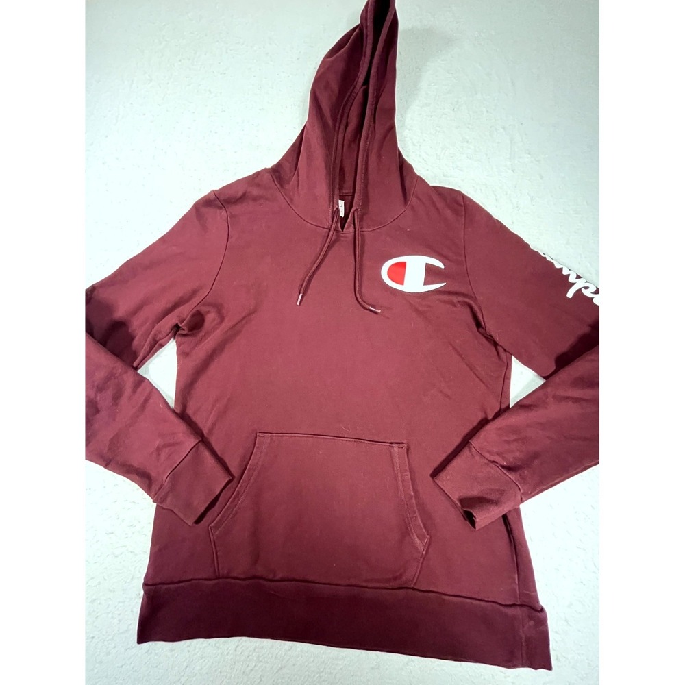 Champion Hoodie Women XL Burgundy Big Logo Slim Fit Lined Ribbed Kangaroo Pocket